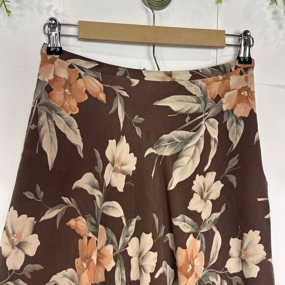 Vintage Silk Maxi A-Line Skirt Womens Sz 8 Brown cream Floral Lined Midi Flowy - Picture 9 of 16